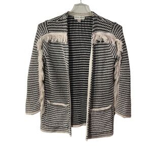 Knox‎ Rose Black & Beige Tan Fringed Knit Cardigan Sweater XS
